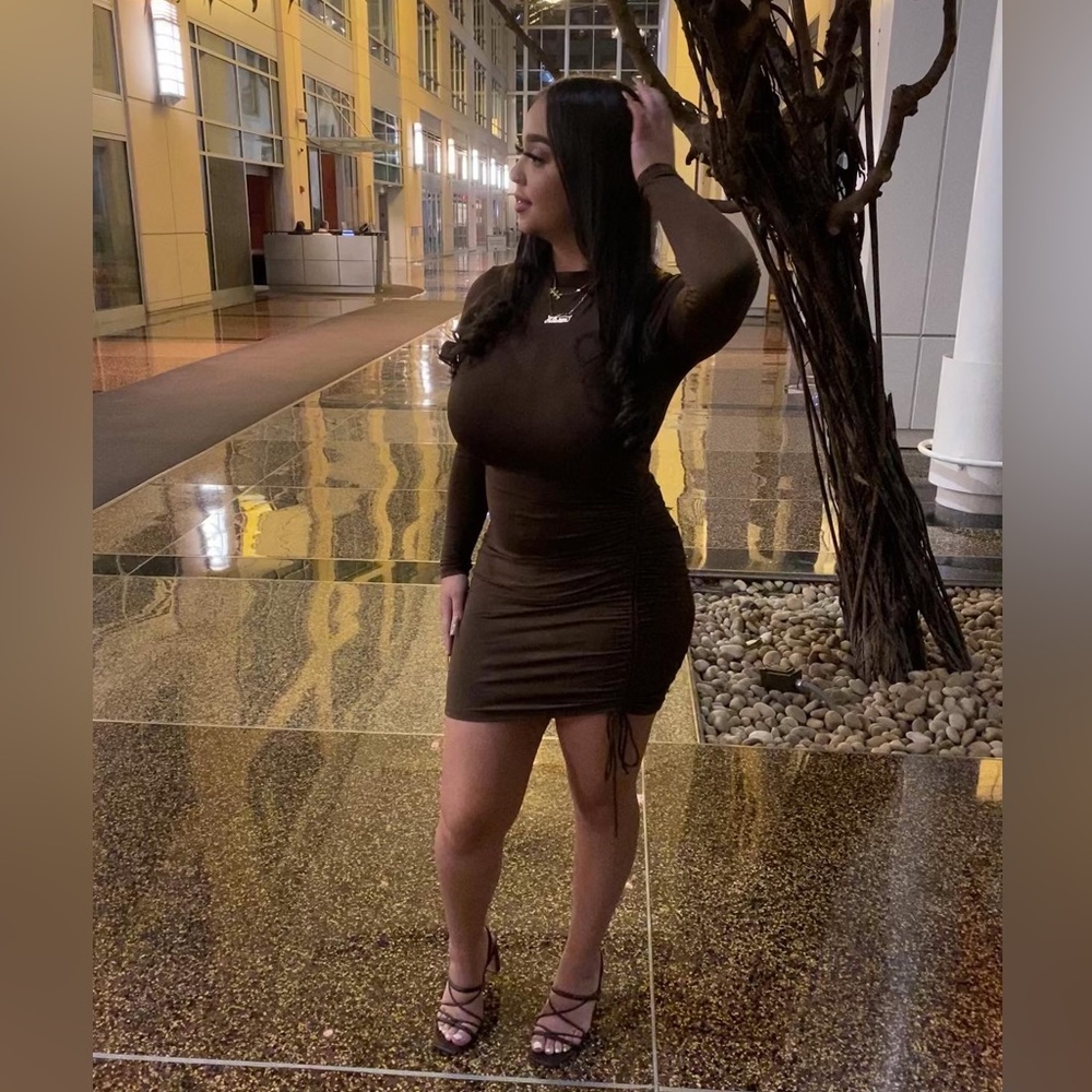 Brown adjustable ruched dress long sleeve